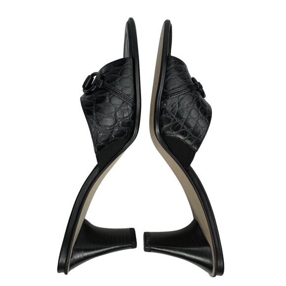 Vintage Y2K Laura Ashley Black Croc-Embossed Leather Slide Sandals Buckle Detail - Picture 8 of 11